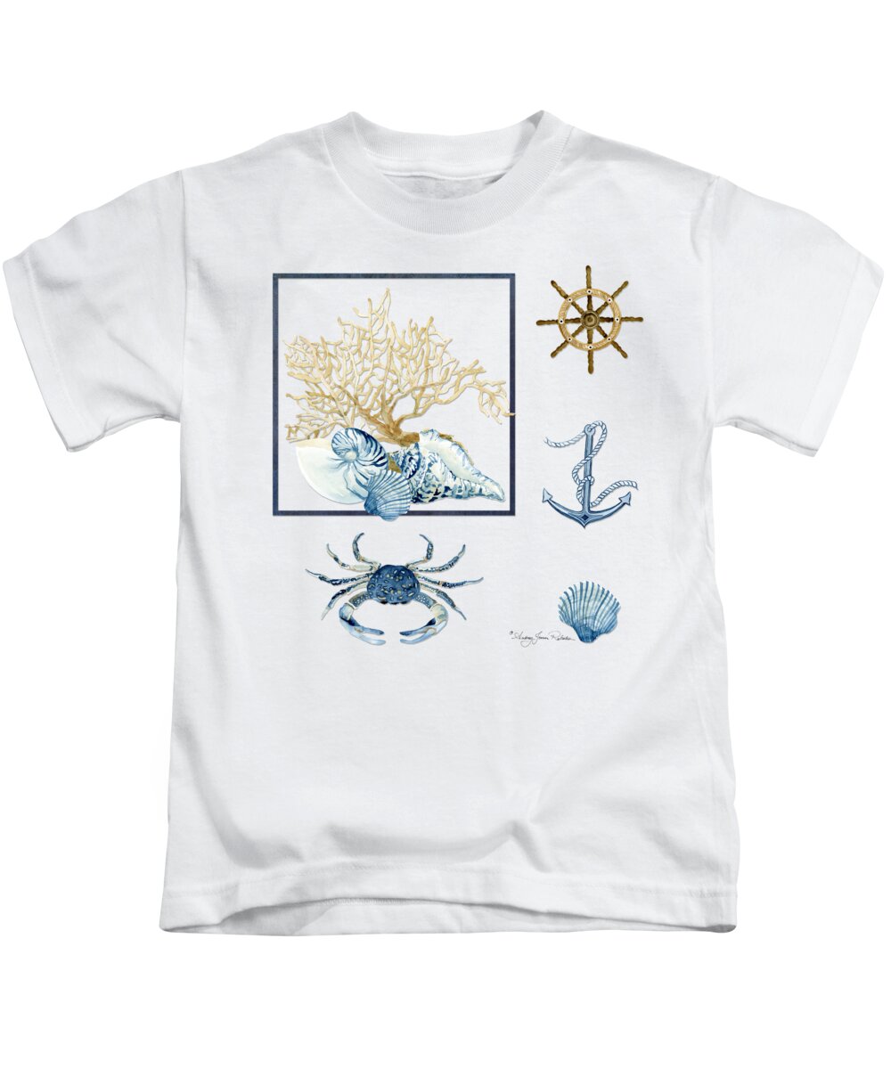 Sea Kids T-Shirt featuring the painting Beach House Nautical Seashells Ships Wheel Anchor n Crab by Audrey Jeanne Roberts