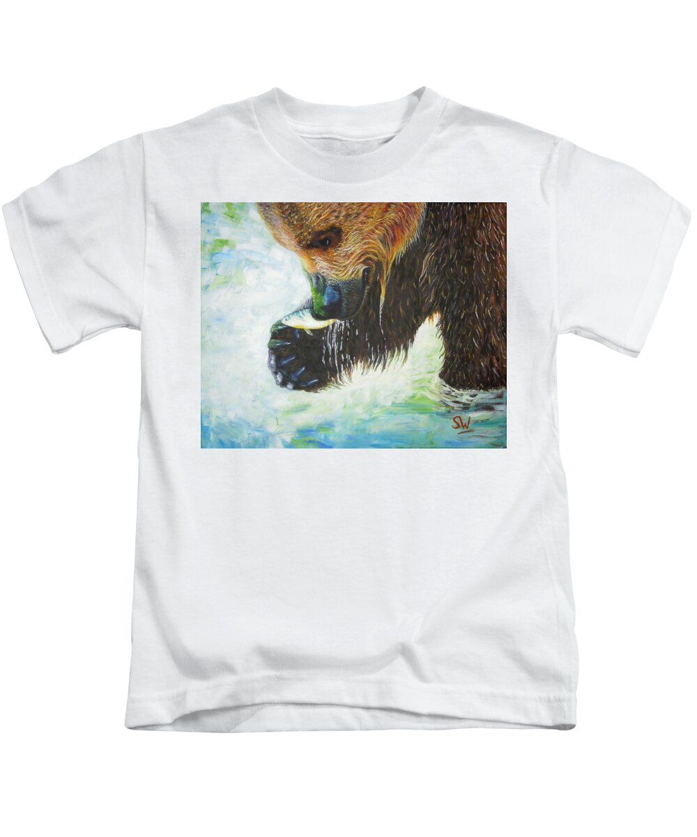 Painting Kids T-Shirt featuring the painting Bear Fishing by Shirley Wellstead