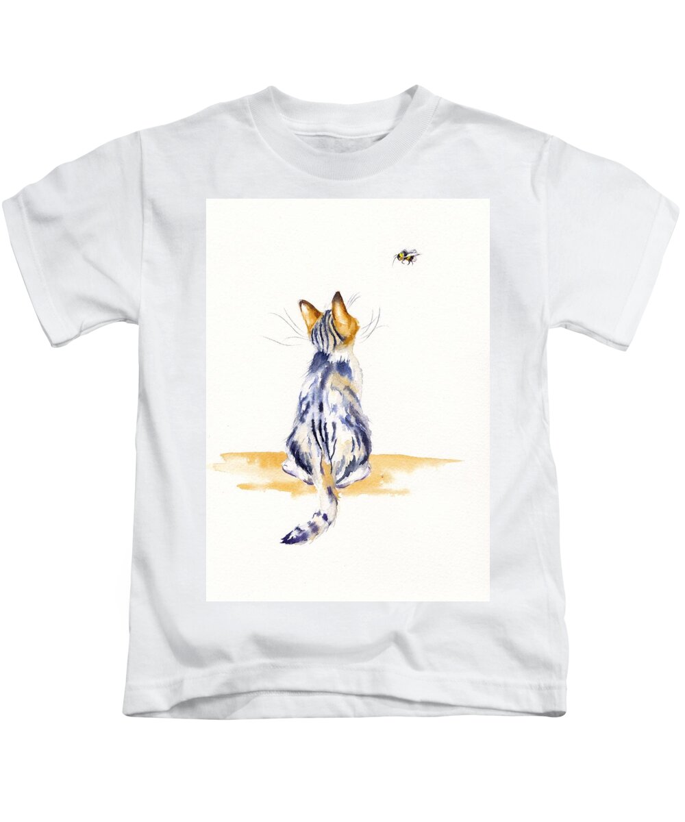 Cats Kids T-Shirt featuring the painting Watercolour Kitten - Bee Watchful by Debra Hall