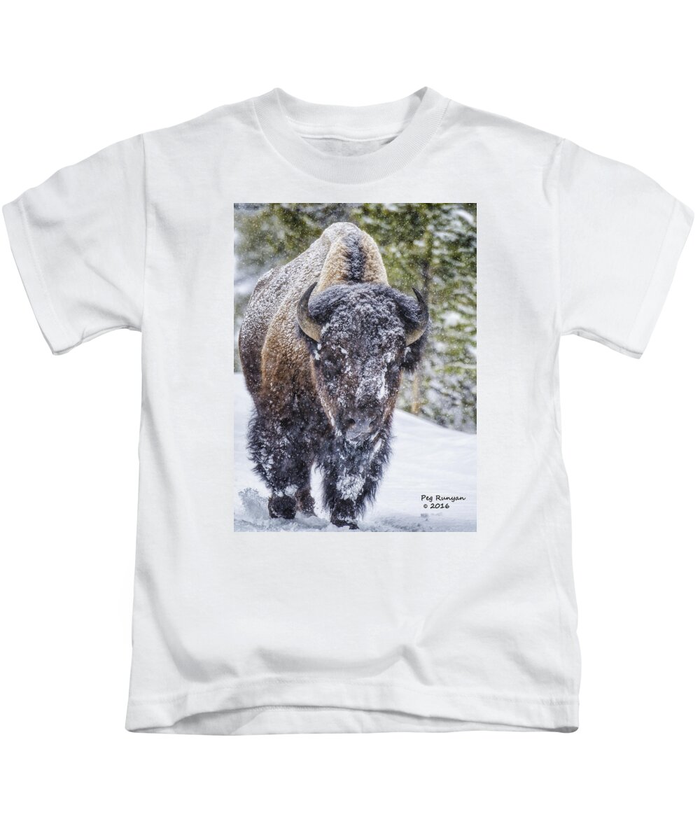 Bison Kids T-Shirt featuring the photograph Bison in a Snowstorm by Peg Runyan