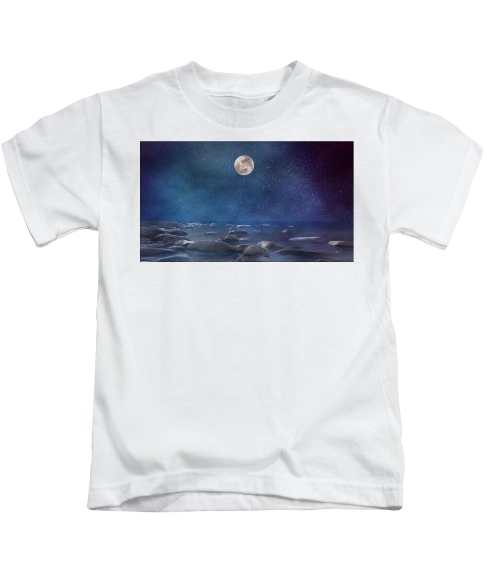 blue Moon Seascape Kids T-Shirt featuring the painting Blue Moon Seascape by Mark Taylor