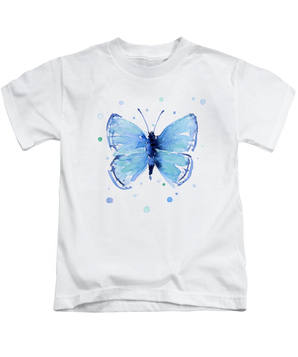 Watercolor Kids T-Shirt featuring the painting Blue Watercolor Butterfly by Olga Shvartsur