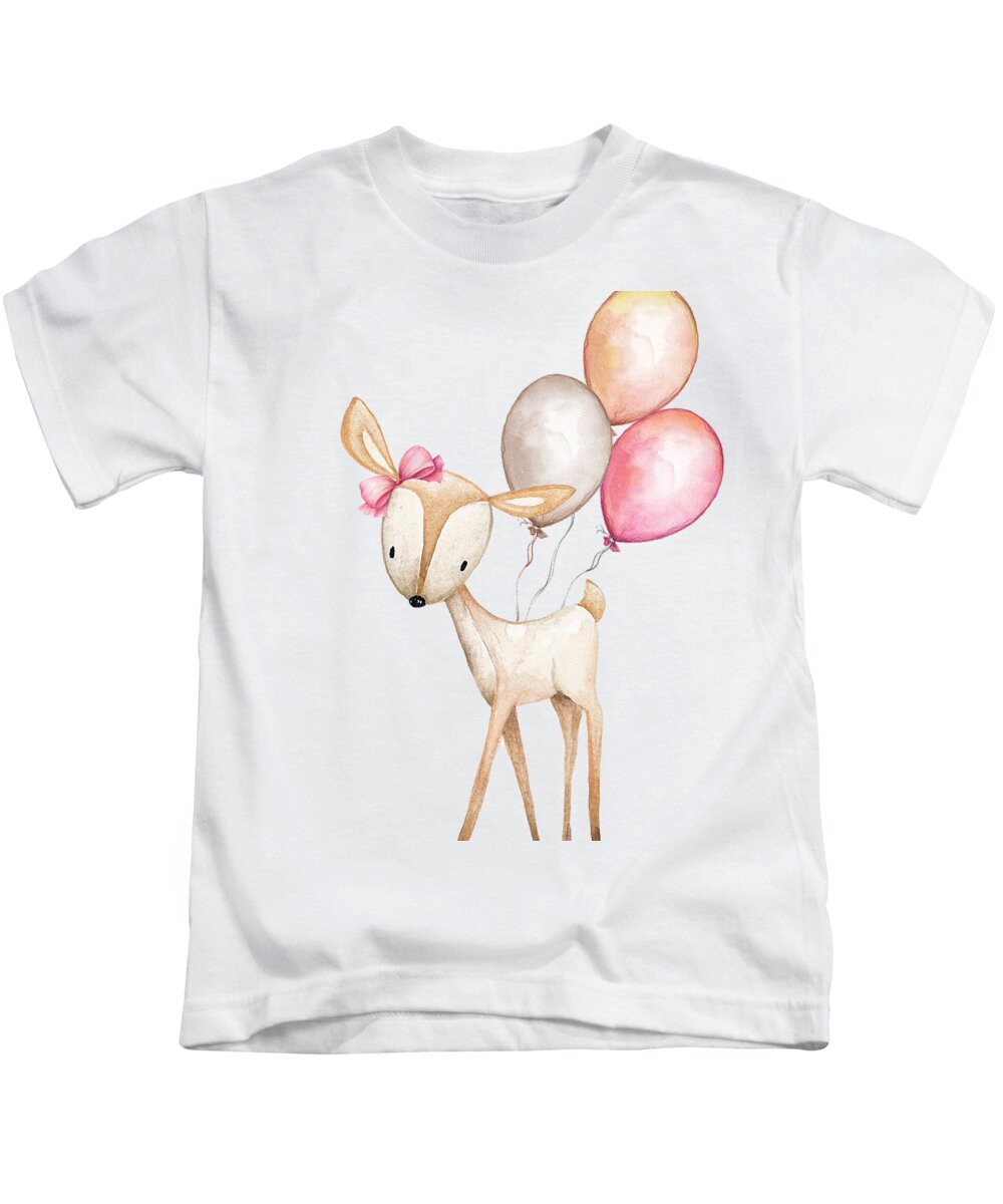 Boho Kids T-Shirt featuring the photograph Boho Deer With Balloons by Pink Forest Cafe