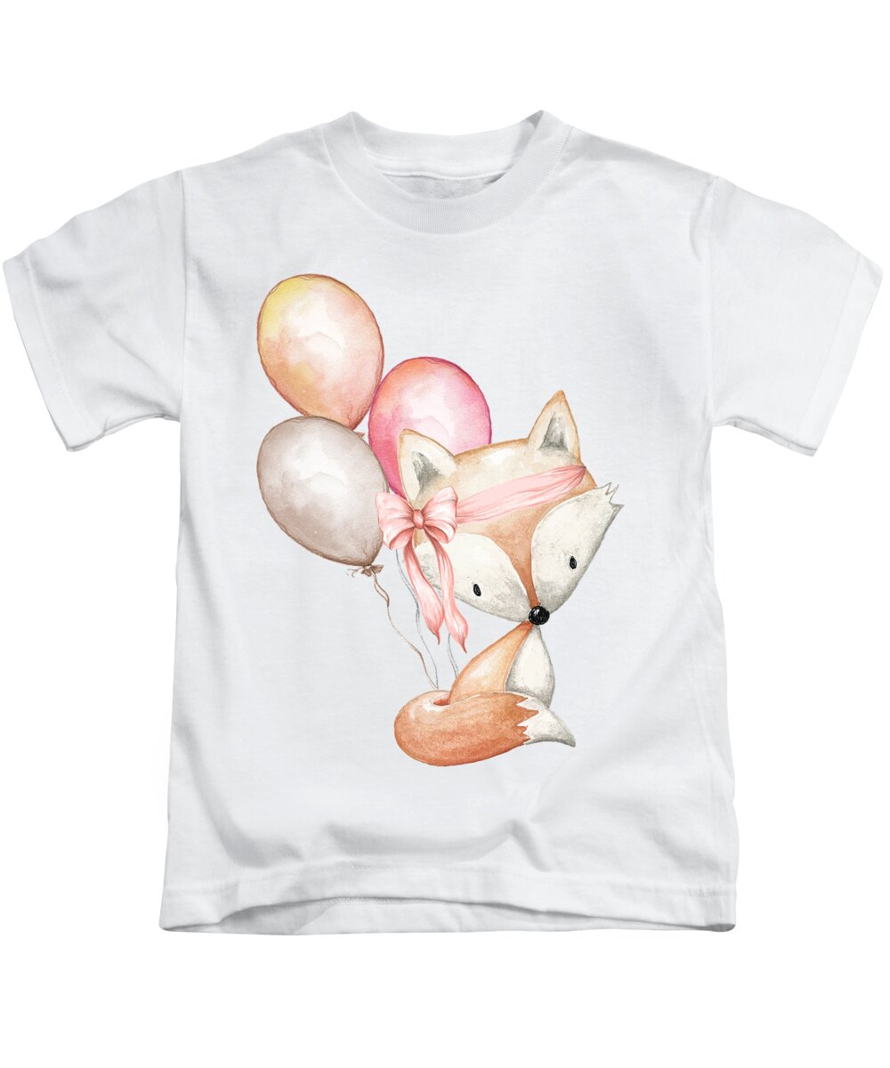 Fox Kids T-Shirt featuring the digital art Boho Fox With Balloons by Pink Forest Cafe