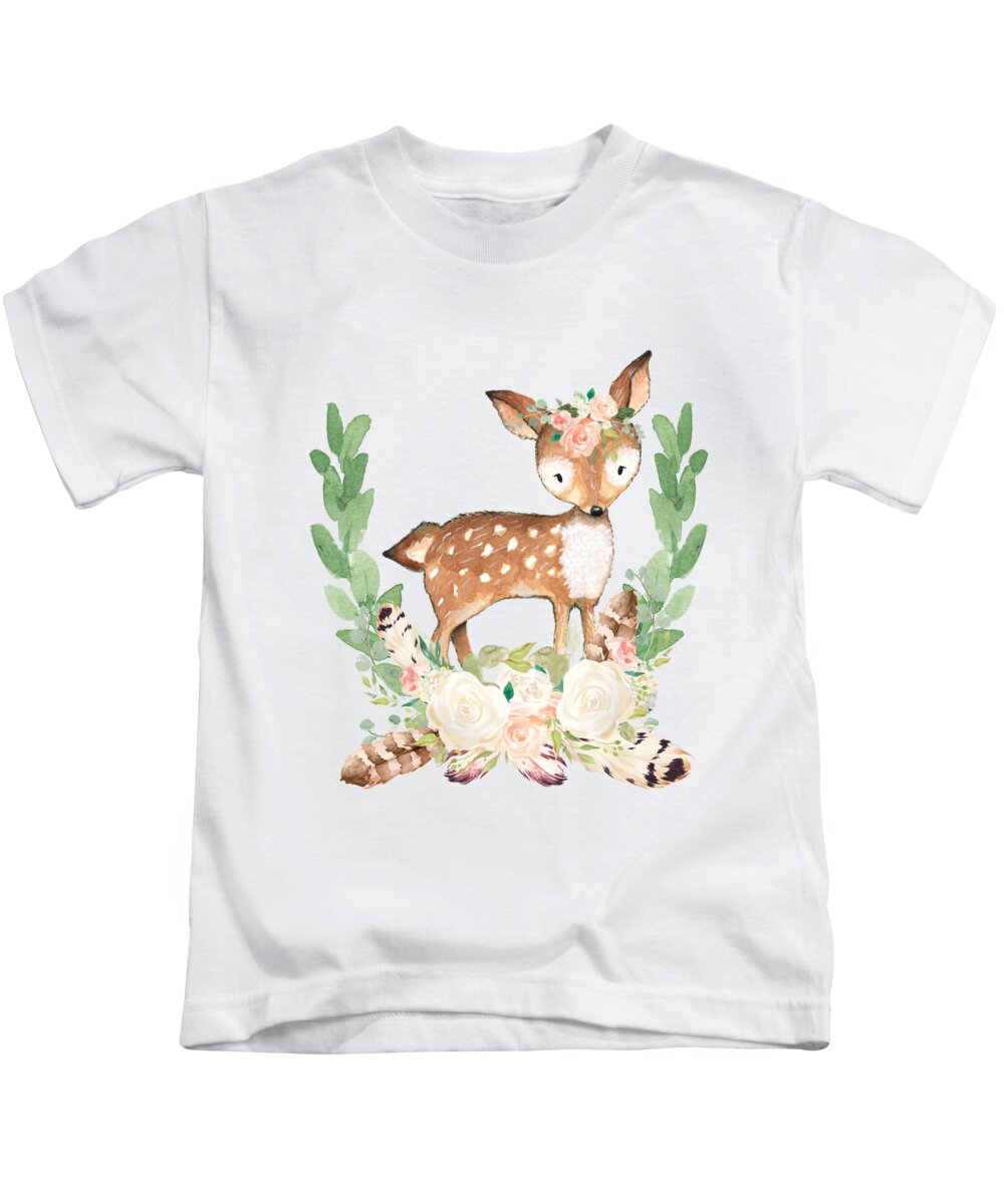 Boho Kids T-Shirt featuring the digital art Boho Woodland Blush Dear with Feathers by Pink Forest Cafe