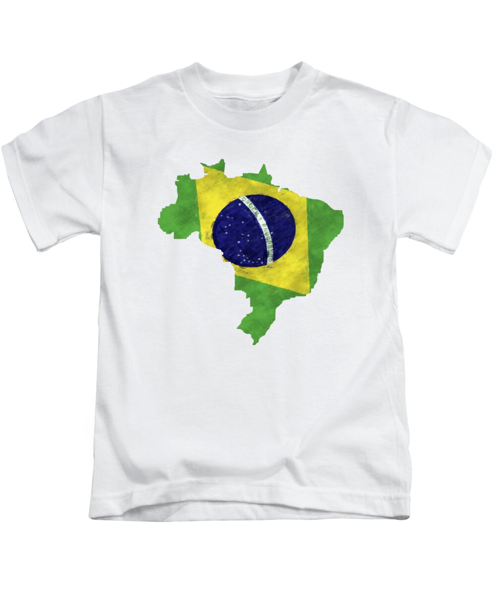 Brazil Kids T-Shirt featuring the digital art Brazil Map Art with Flag Design by World Art Prints And Designs