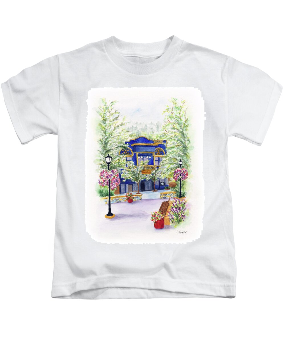Small Town Kids T-Shirt featuring the painting Brickroom on the Plaza by Lori Taylor