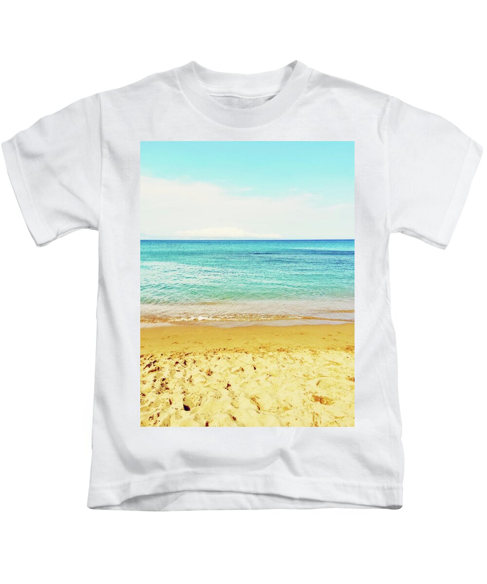 Sea Kids T-Shirt featuring the photograph Bright blue sea and sand beach by GoodMood Art