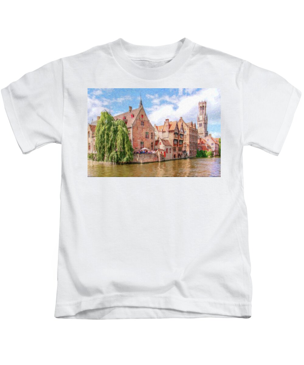 Cityscape Kids T-Shirt featuring the painting Bruges Canal Belgium DWP-2611575 by Dean Wittle