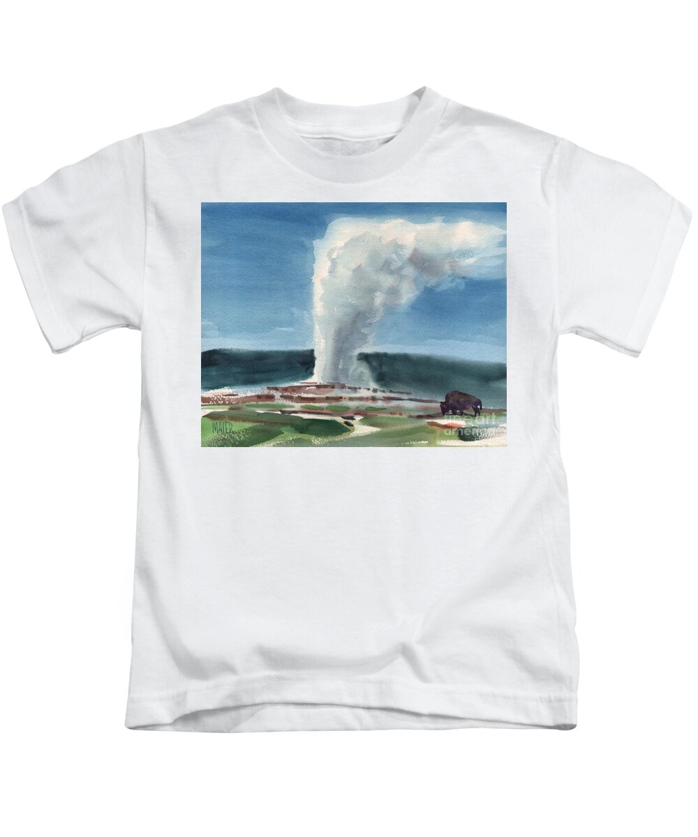 Yellowstone Kids T-Shirt featuring the painting Buffalo and Geyser by Donald Maier
