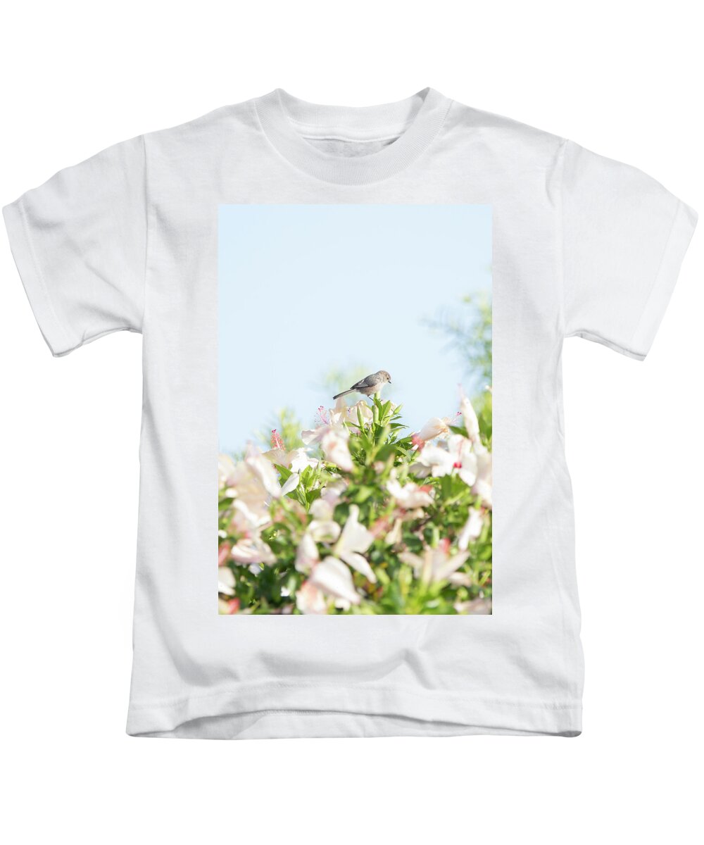 Bushtit Kids T-Shirt featuring the photograph Bushtit Atop the Hibiscus by Susan Gary