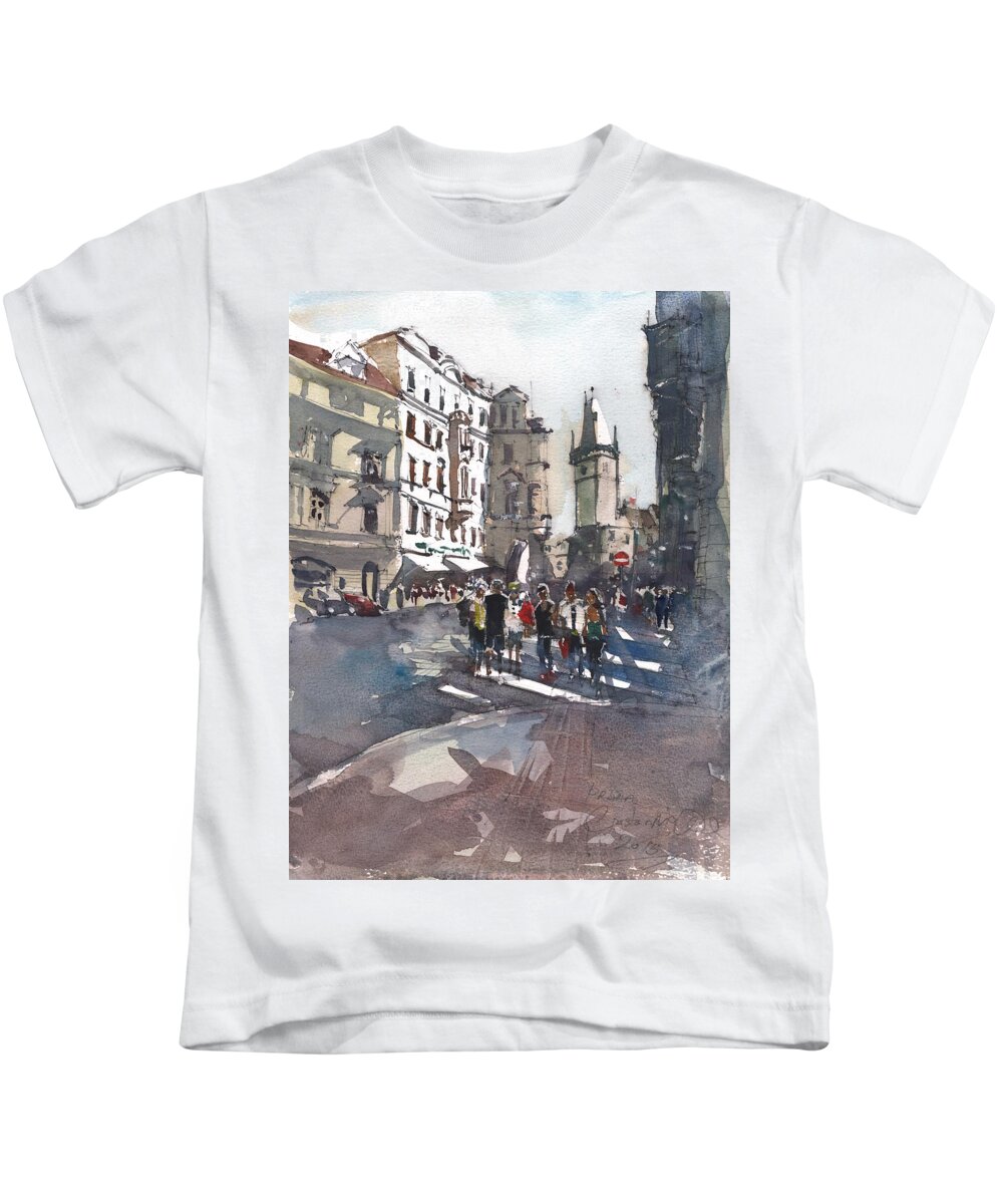Landscape Kids T-Shirt featuring the painting Busy summer day in Prague by Gaston McKenzie