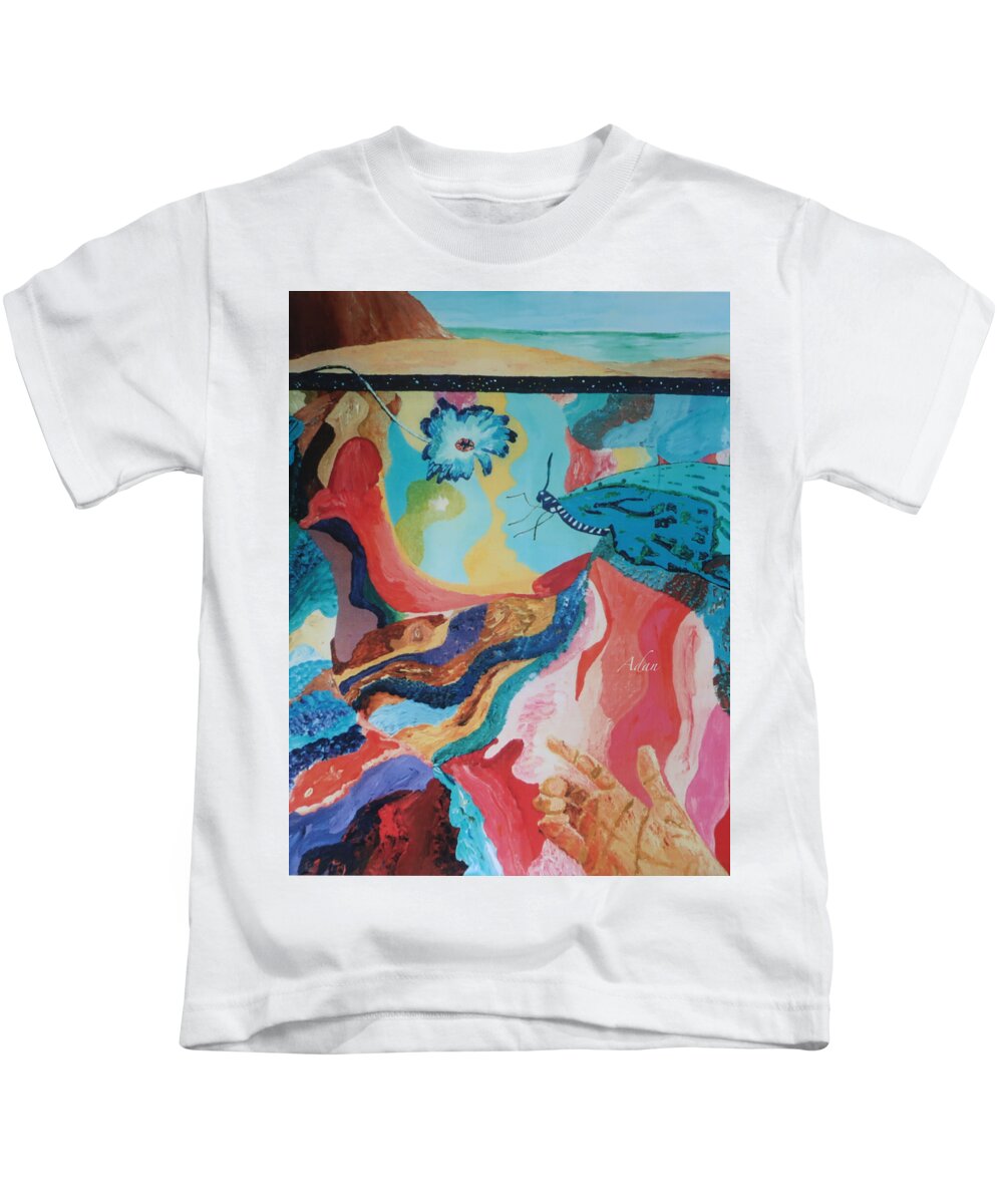 Original Oils Kids T-Shirt featuring the painting Butterfly and Hand Surreal Abstract Vertical by Felipe Adan Lerma
