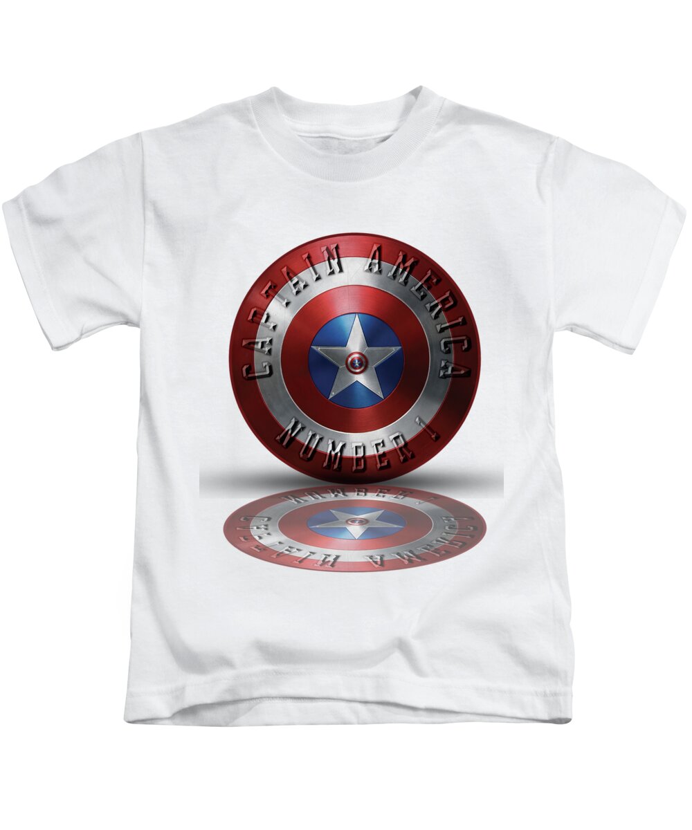 Captain America Shield Kids T-Shirt featuring the painting Captain America Typography on Captain America Shield by Georgeta Blanaru