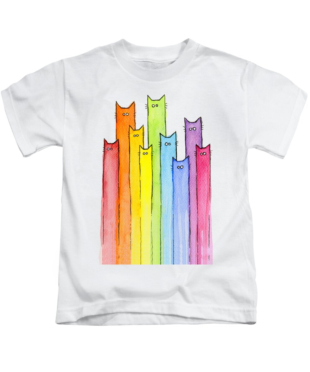 Cats Kids T-Shirt featuring the painting Cat Rainbow Watercolor Pattern by Olga Shvartsur