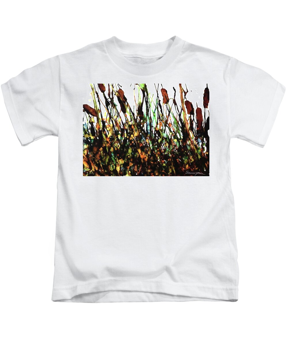 Sheila Sauvageau Kids T-Shirt featuring the painting Cattails Rainbow Grass by Sheila Sauvageau
