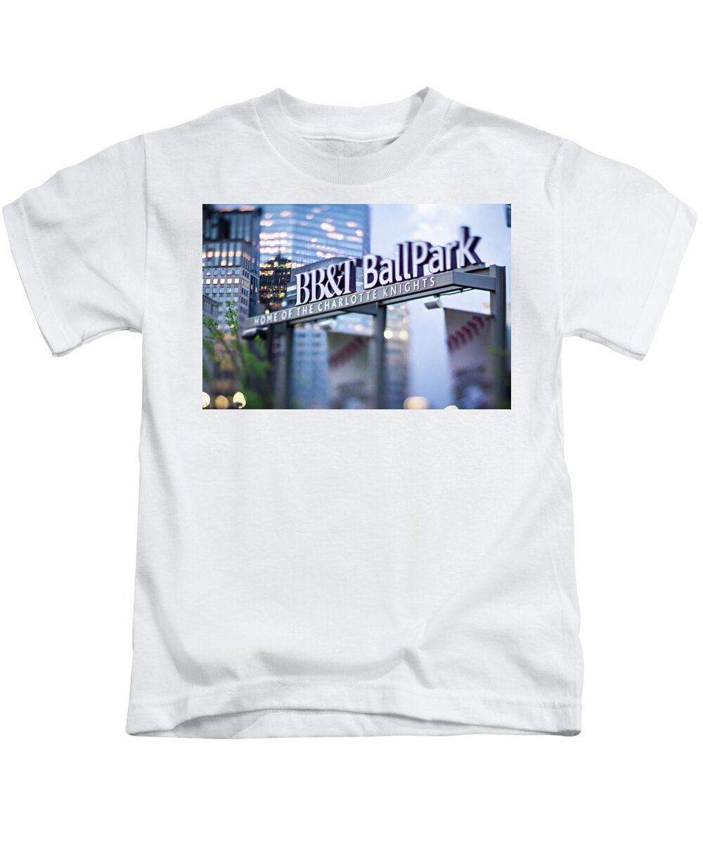 Skyline Kids T-Shirt featuring the photograph Charlotte NC USA BBT baseball park sign by Alex Grichenko