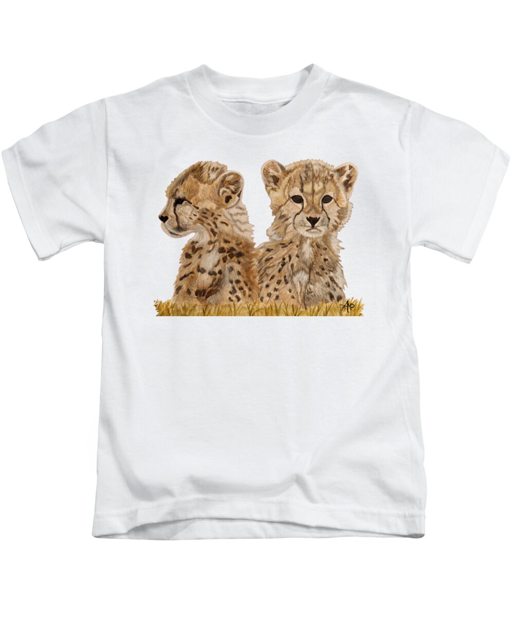 Cheetah Kids T-Shirt featuring the painting Cheetah Cubs by Angeles M Pomata