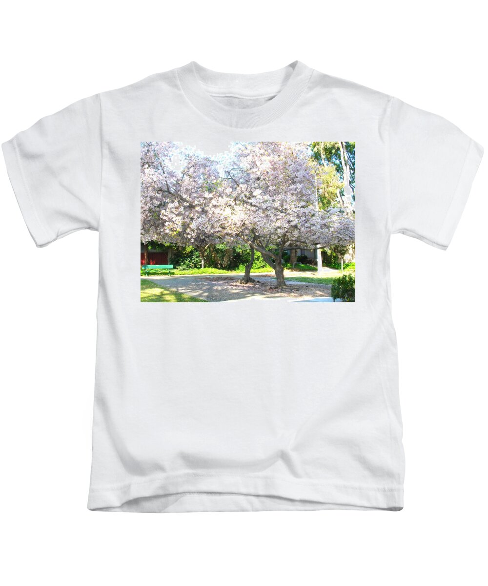 Santa Clara Kids T-Shirt featuring the photograph Cherry Blossoms in Santa Clara by Carolyn Donnell