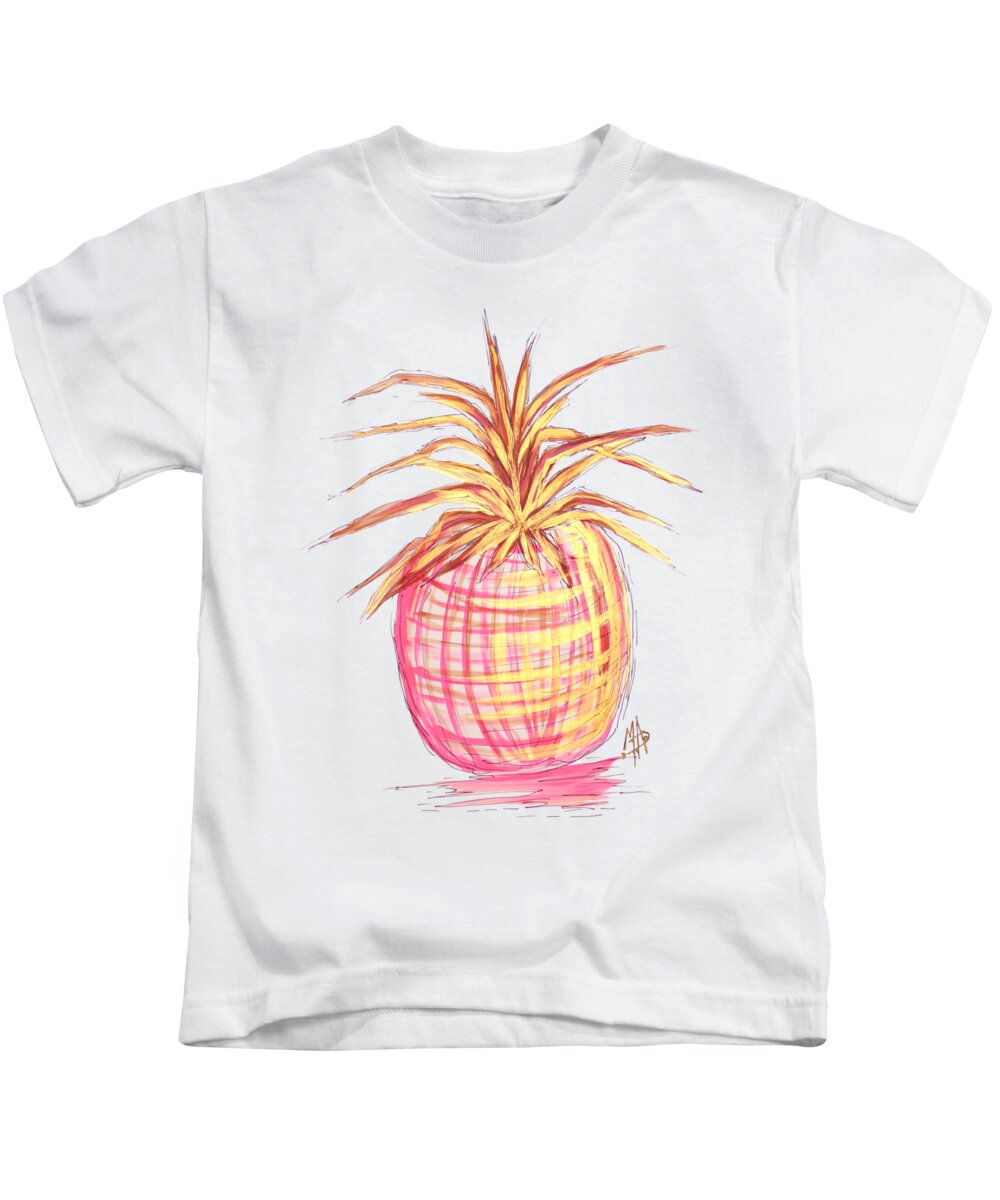 Pineapple Kids T-Shirt featuring the painting Chic Pink Metallic Gold Pineapple Fruit Wall Art Aroon Melane 2015 Collection by MADART by Megan Aroon