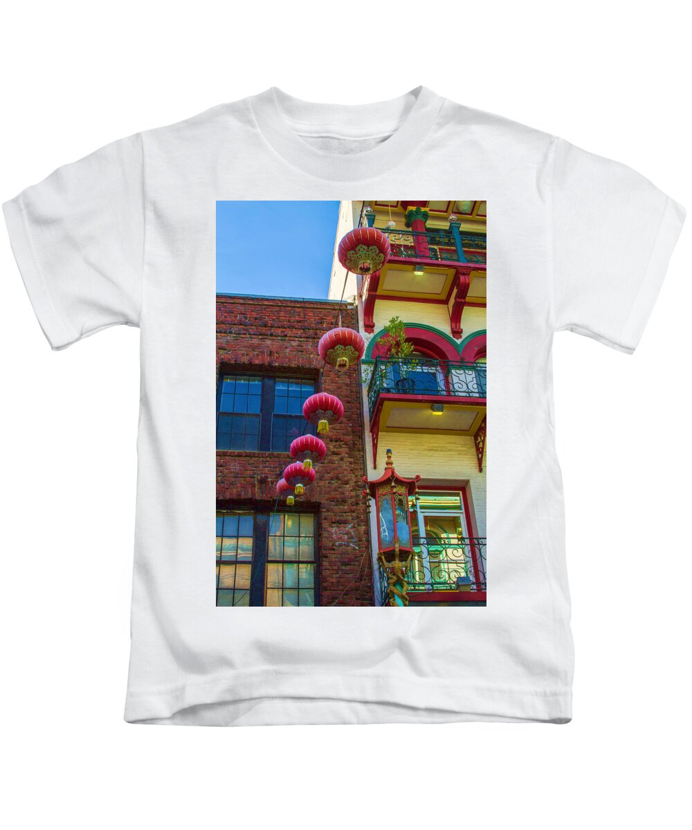Bonnie Follett Kids T-Shirt featuring the photograph Chinese Lanterns over Grant Street by Bonnie Follett