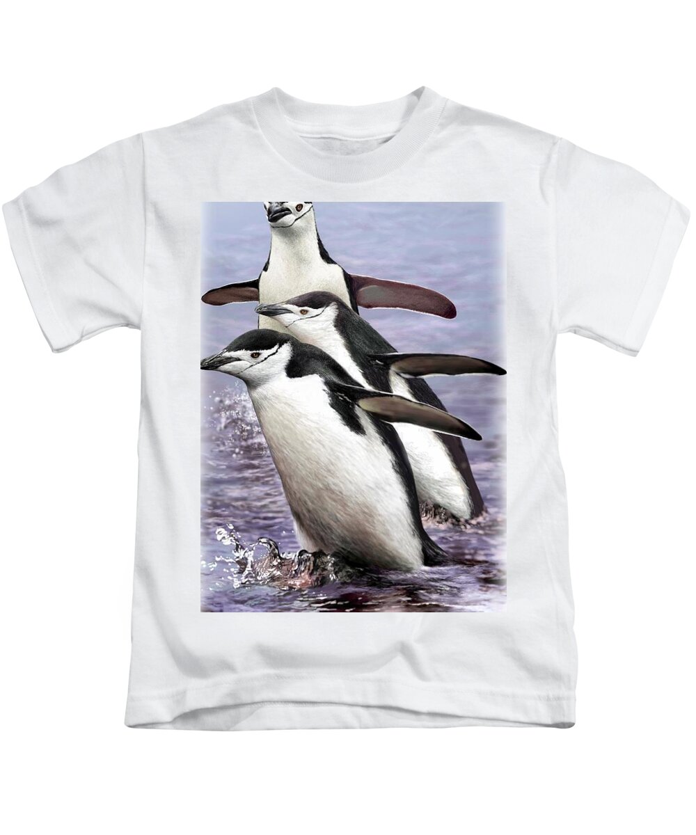 Penguin Kids T-Shirt featuring the digital art Chinstrap Penguins 1 by Owen Bell
