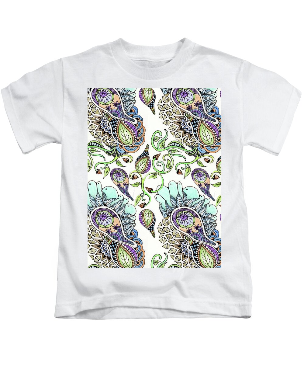 Zentangle Patterns Doodles Pen And Ink Leaves Vines Parameciums Kids T-Shirt featuring the tapestry - textile Clusters by Ruth Dailey