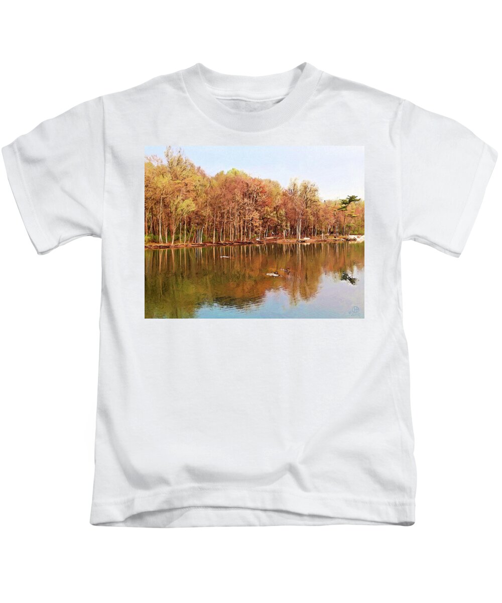 Coe Lake Kids T-Shirt featuring the digital art Coe Lake at Gloamin' by Gary Olsen-Hasek