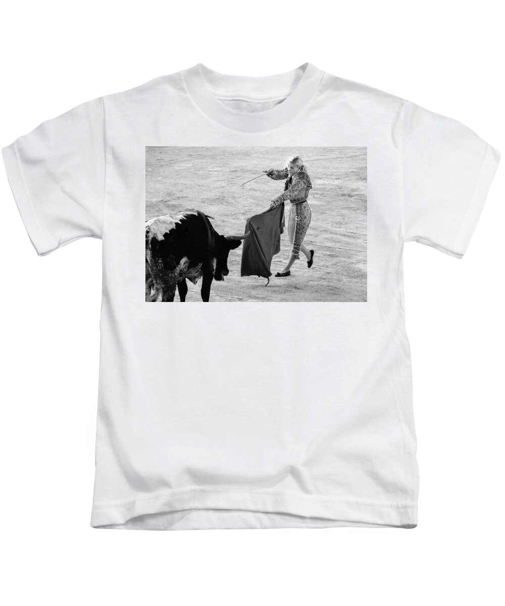 Black And White Kids T-Shirt featuring the photograph Blonde Bullfighting by Jennifer Wright