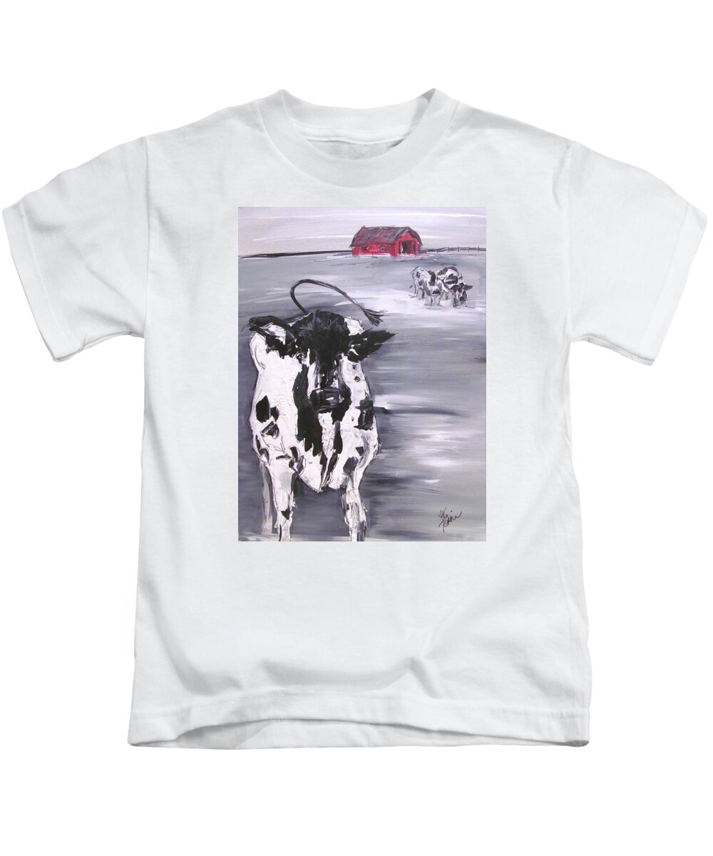Cow Kids T-Shirt featuring the painting Cow in Winter by Terri Einer