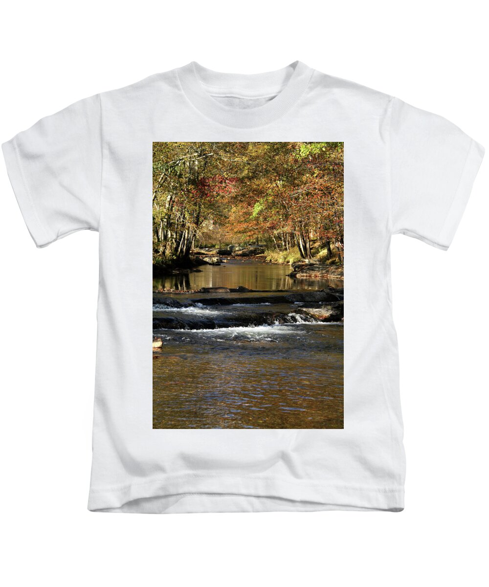 Water Kids T-Shirt featuring the photograph Creek water flowing through woods in autumn by Emanuel Tanjala
