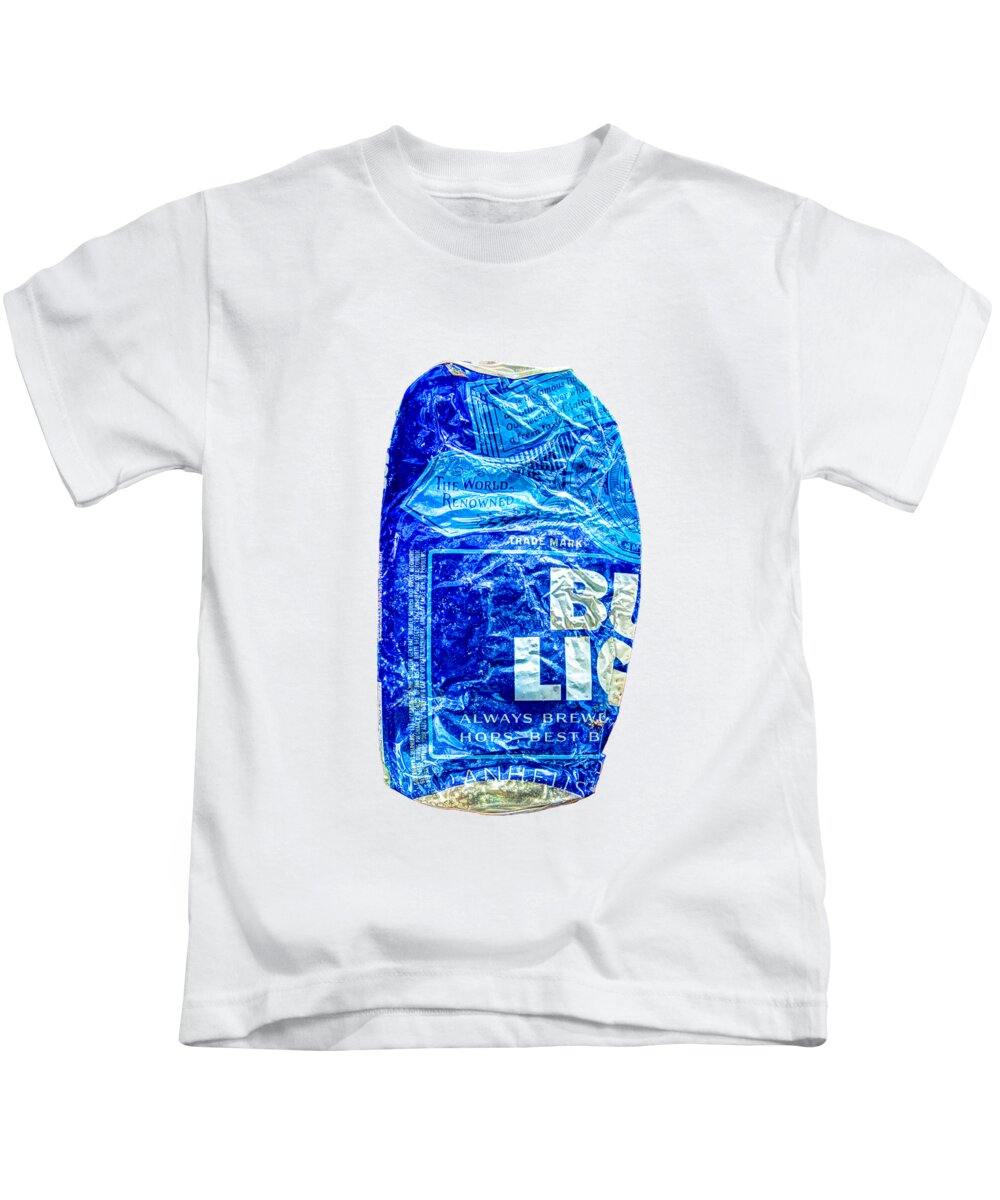 Black Kids T-Shirt featuring the photograph Crushed Blue Beer Can on Plywood 78 Color on BW by YoPedro