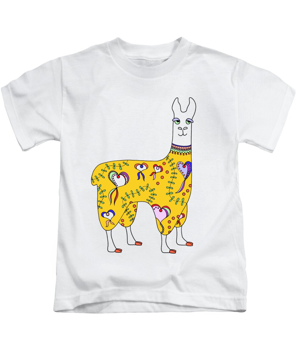 Llama Kids T-Shirt featuring the drawing Difficult Llama Yellow by Sarah Rosedahl