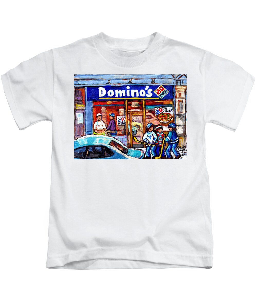 Montreal Kids T-Shirt featuring the painting Domino's Pizza Montreal Storefront And Restaurant Painting Winter Hockey Scene Carole Spandau Art  by Carole Spandau