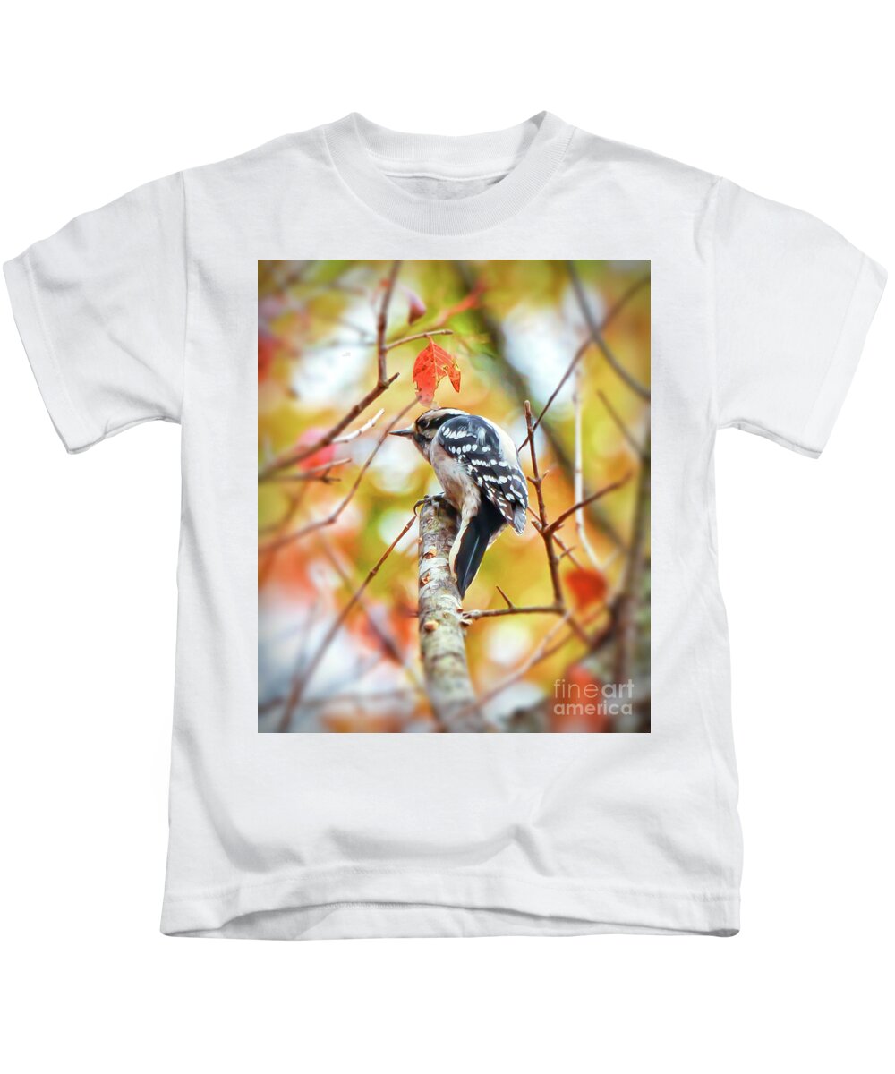 Downy Woodpecker Kids T-Shirt featuring the photograph Downy Woodpecker in Autumn Forest by Kerri Farley