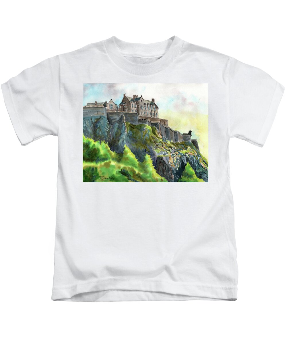 Timithy Kids T-Shirt featuring the painting Edinburgh Castle from Princes Street by Timithy L Gordon