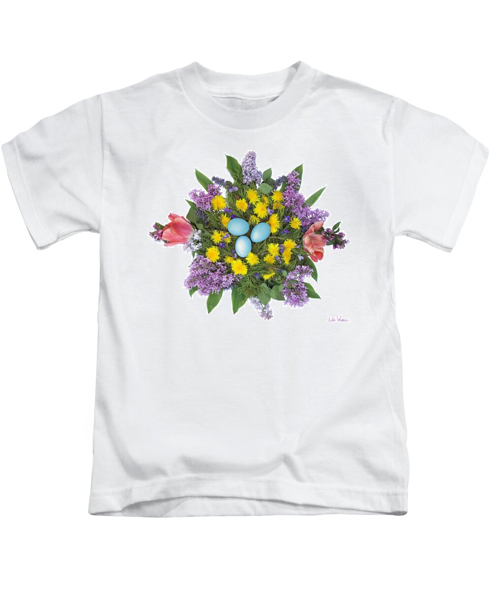 Eggs Kids T-Shirt featuring the photograph Eggs in Dandelions, Lilacs, Violets and Tulips by Lise Winne