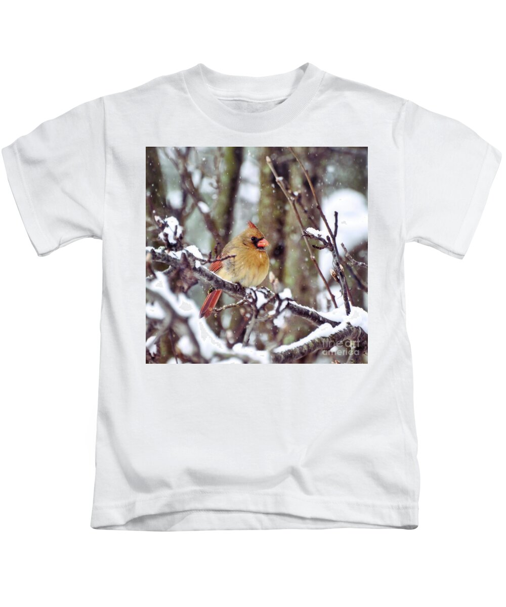 Female Cardinal Kids T-Shirt featuring the photograph Female Cardinal As the Snow Falls by Kerri Farley