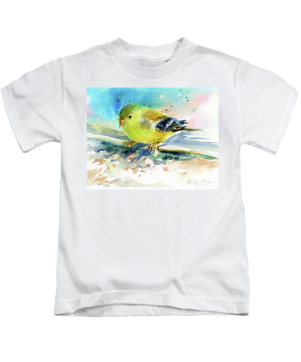 Bird Kids T-Shirt featuring the painting Female Goldfinch by Christy Lemp