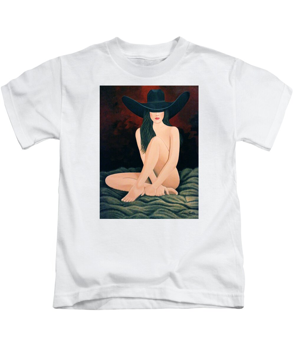 Cowgirl On Fur Kids T-Shirt featuring the painting Flesh On Fur by Lance Headlee
