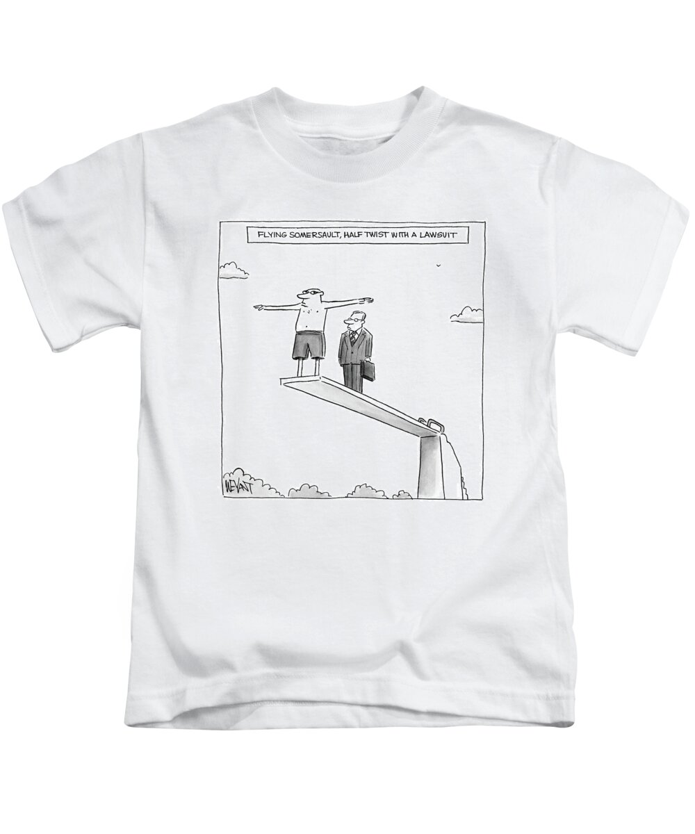 Flying Somersault Kids T-Shirt featuring the drawing Flying Somersault, Half Twist With A Lawsuit by Christopher Weyant