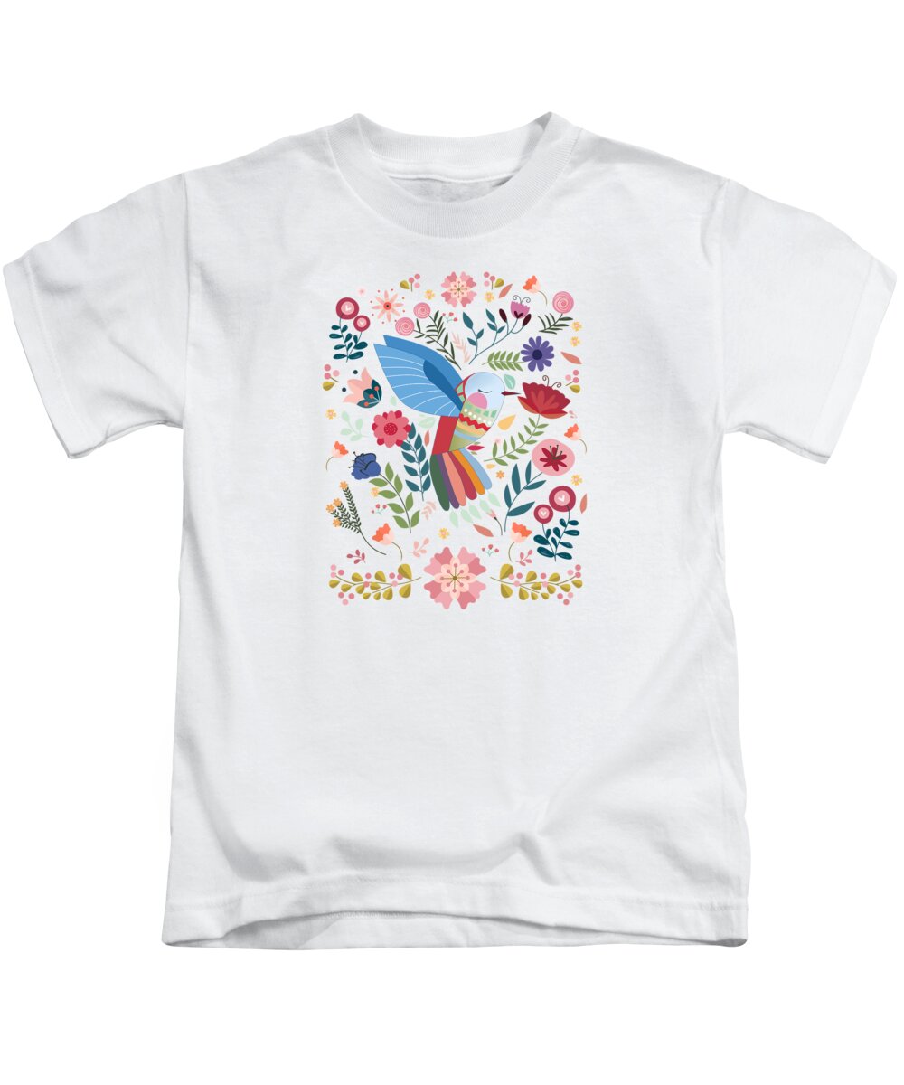 Painting Kids T-Shirt featuring the painting Folk Art Inspired Hummingbird In A Burst Of Springtime Blossoms by Little Bunny Sunshine