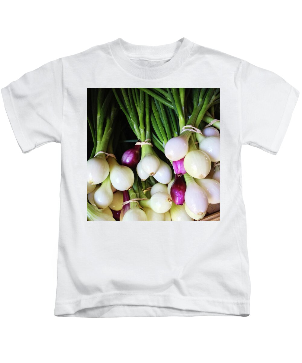 Onion Kids T-Shirt featuring the photograph Fresh onions at the market by GoodMood Art