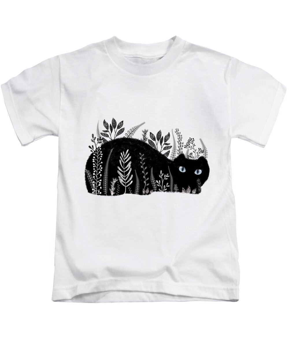 Cat Kids T-Shirt featuring the drawing Garden Cat In Black And White by Little Bunny Sunshine