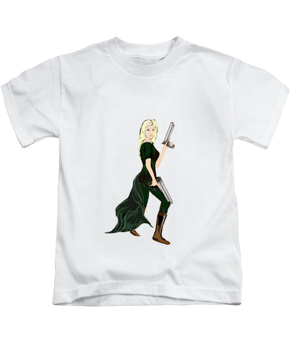 Woman Kids T-Shirt featuring the digital art Girl with Guns by Tom Conway