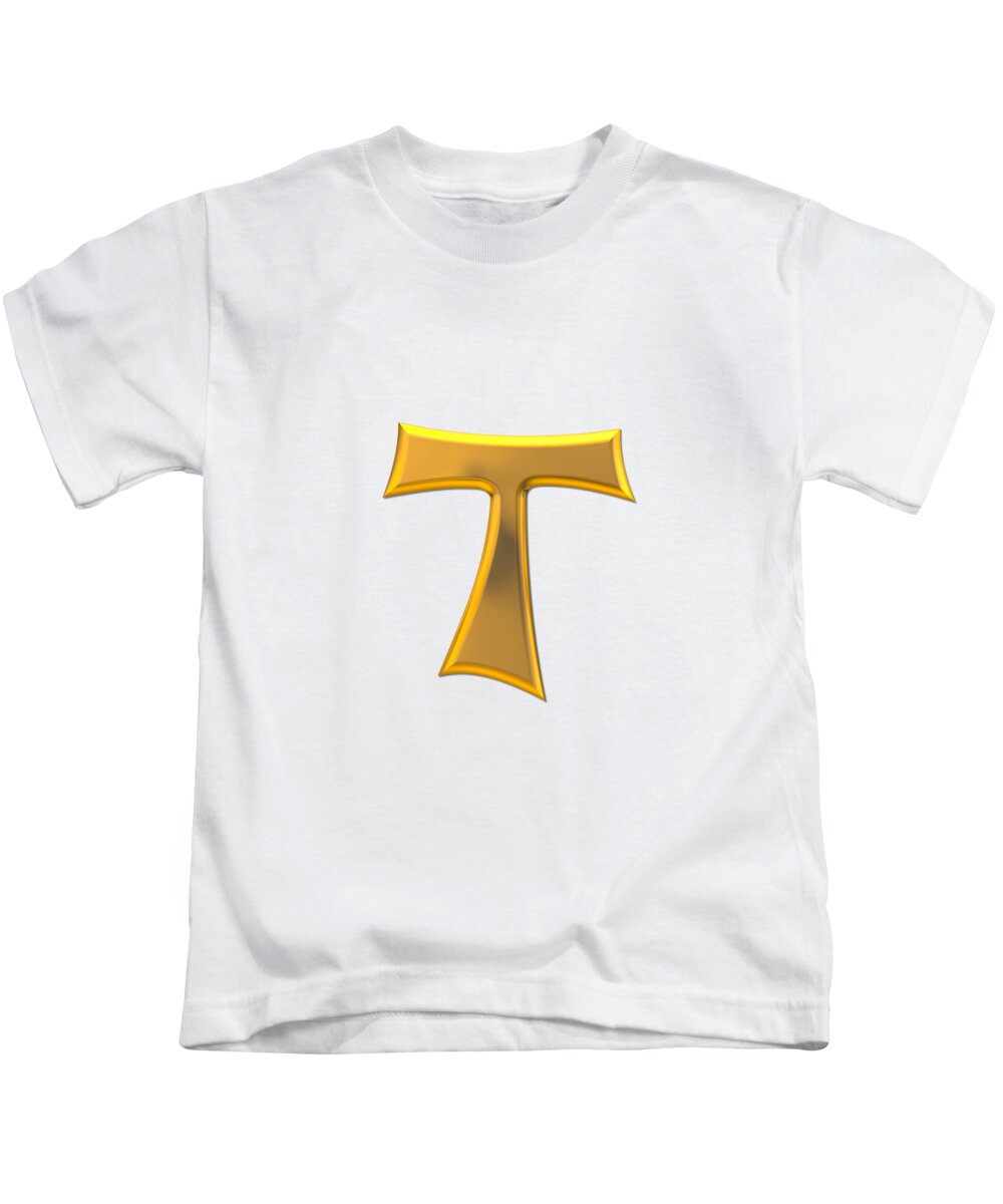 Golden 3d Look Franciscan Tau Cross Kids T-Shirt featuring the digital art Golden 3D Look Franciscan Tau Cross by Rose Santuci-Sofranko