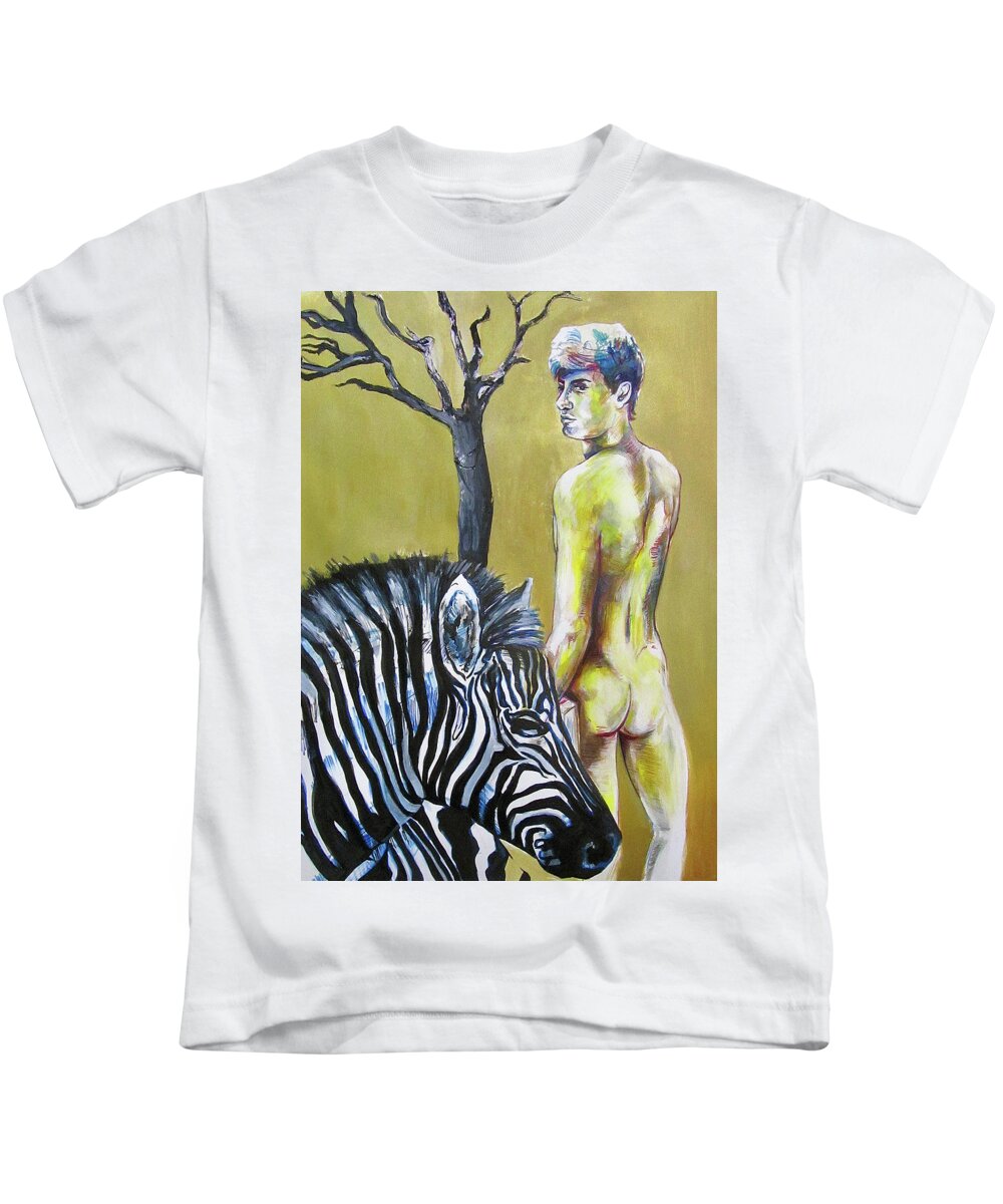 Zebra Kids T-Shirt featuring the painting Golden Zebra High Noon by Rene Capone