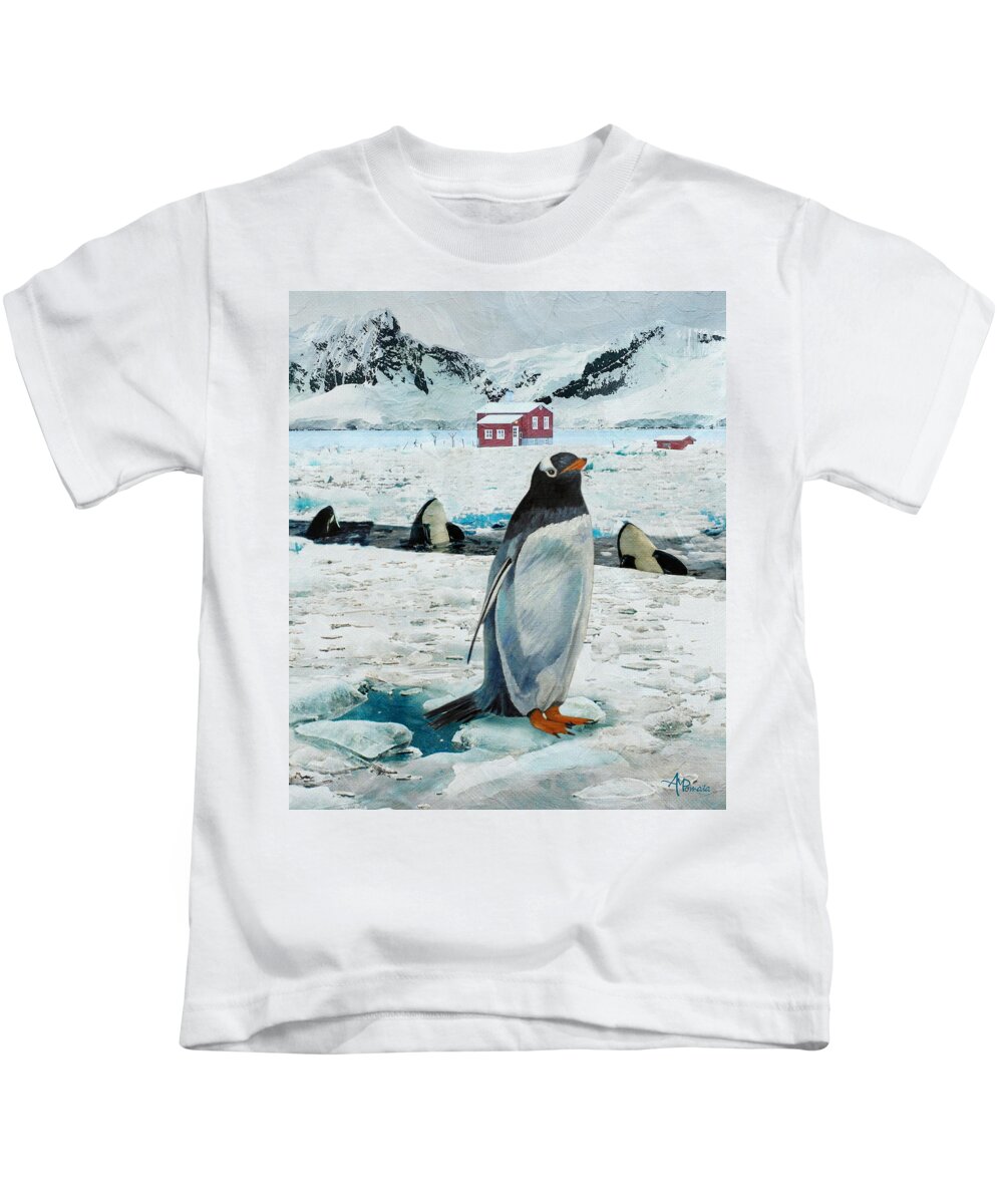 Penguin Kids T-Shirt featuring the painting Gone Fishing by Angeles M Pomata