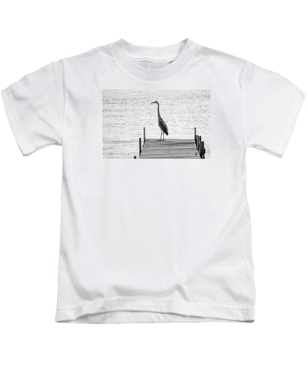 Great Blue Heron Kids T-Shirt featuring the photograph Great Blue Heron on Dock - Keuka Lake - BW by Photographic Arts And Design Studio