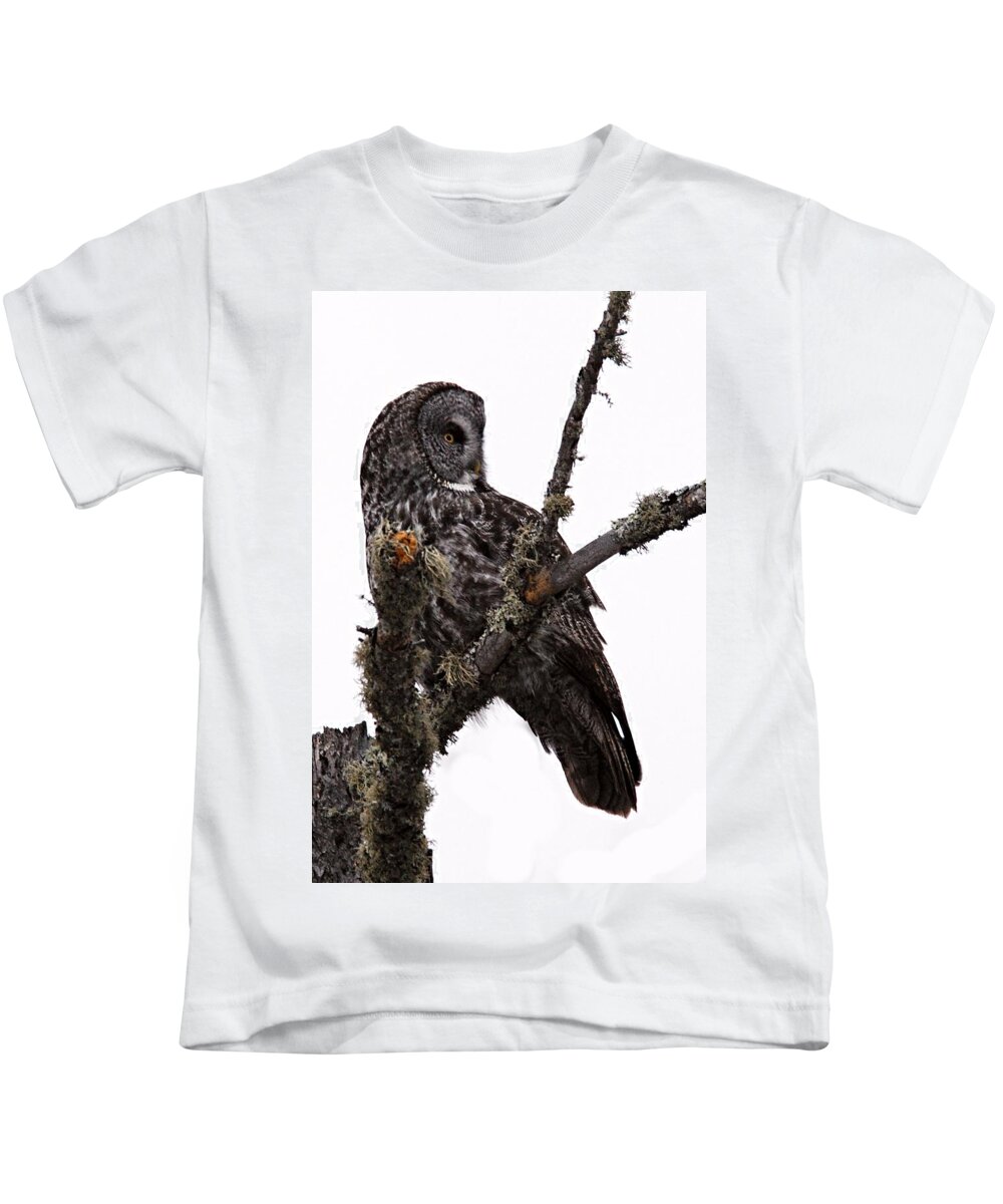 Photography Kids T-Shirt featuring the photograph Great Grey Owl by Larry Ricker